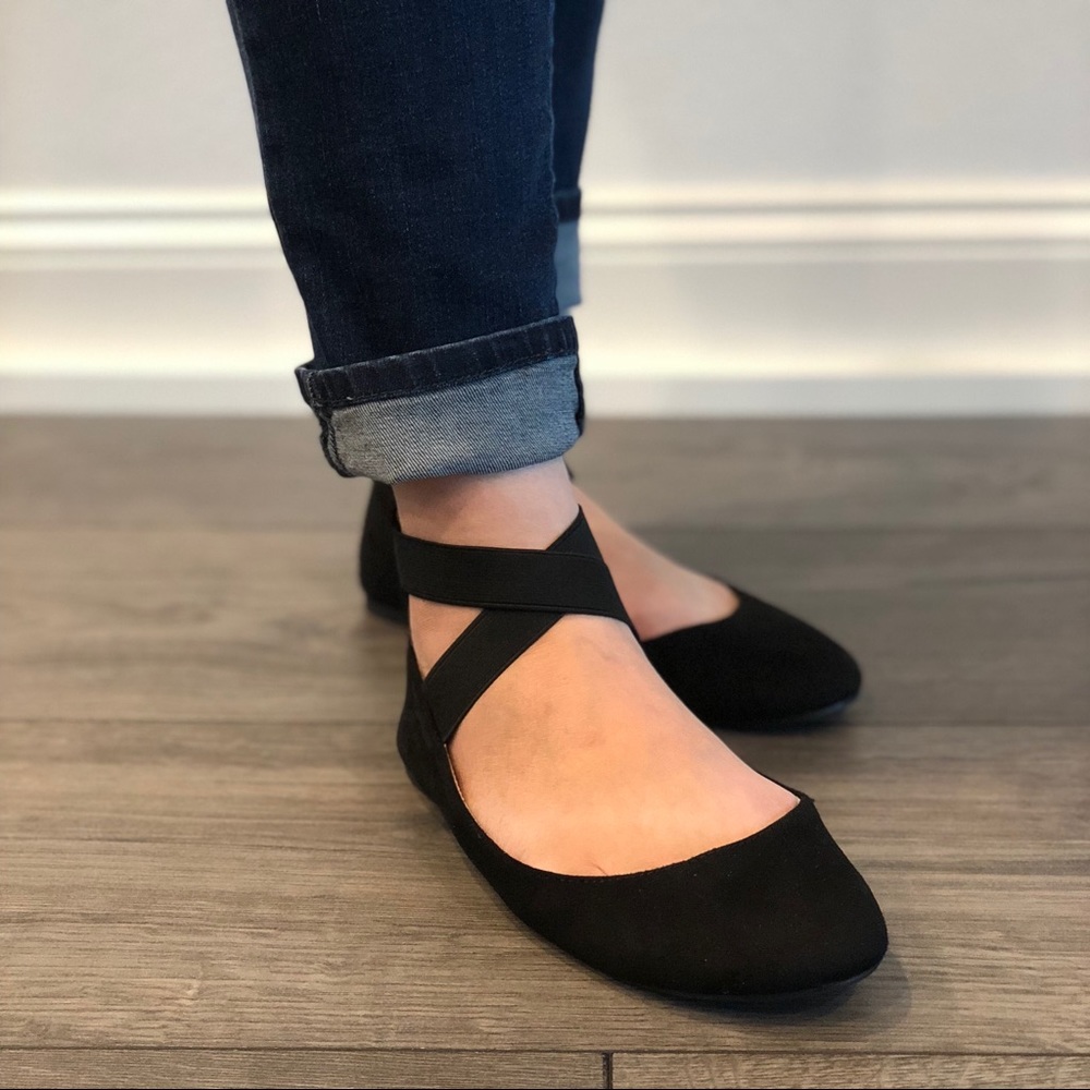 Black Vegan Suede Ballet Wrap Ankle Slip on Flats - Picture 3 of 8